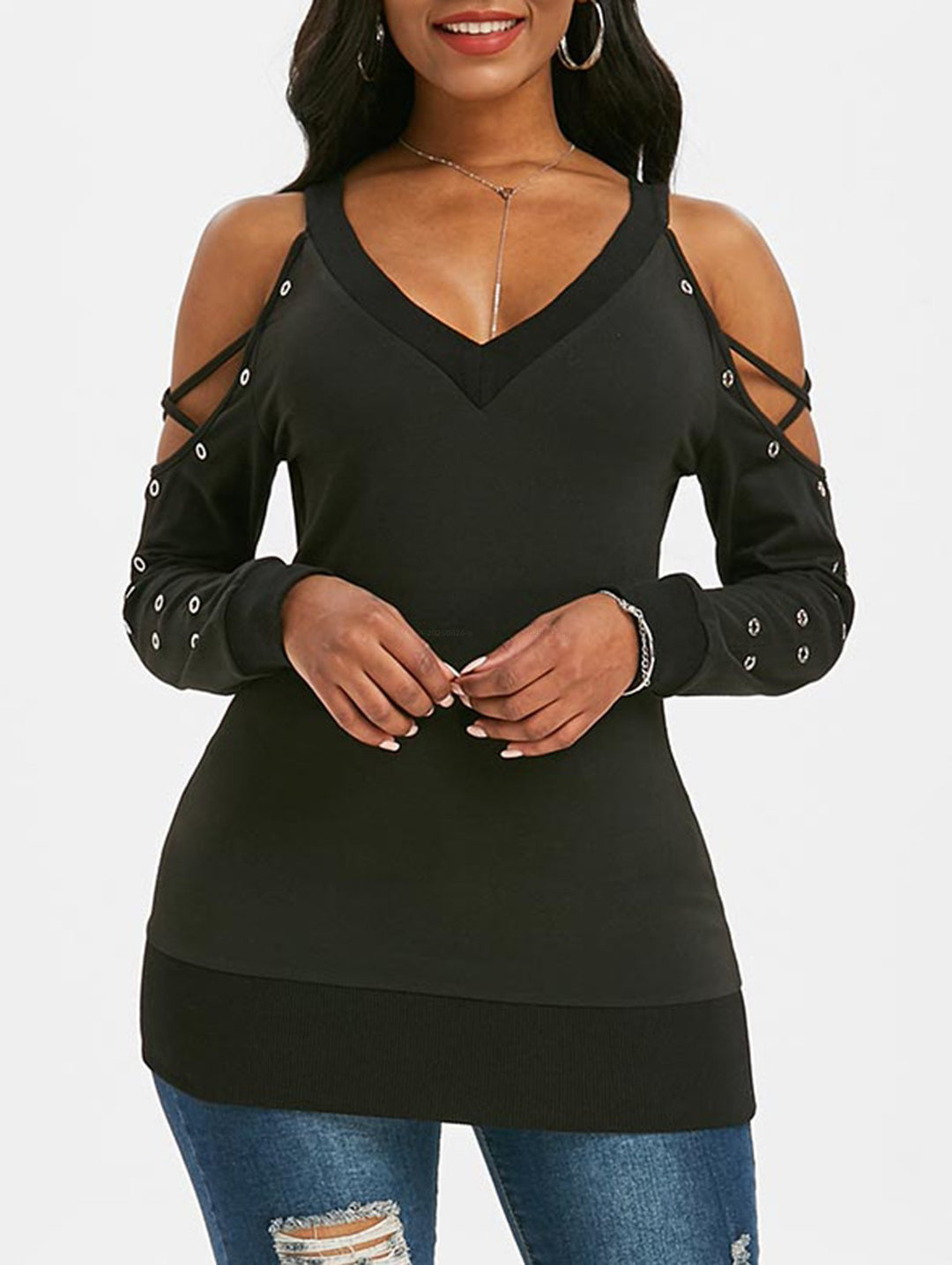 Gothic Crisscross Open Shoulder Eyelet T Shirt