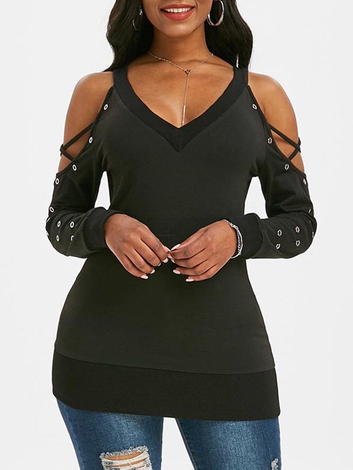 Gothic Crisscross Open Shoulder Eyelet T Shirt
