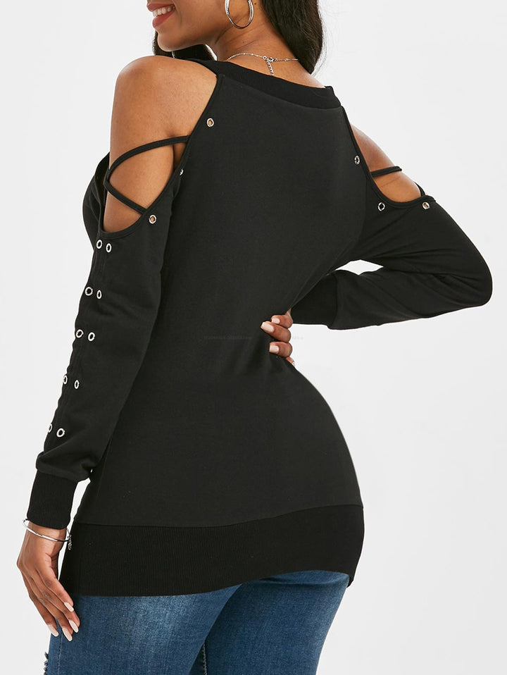 Gothic Crisscross Open Shoulder Eyelet T Shirt