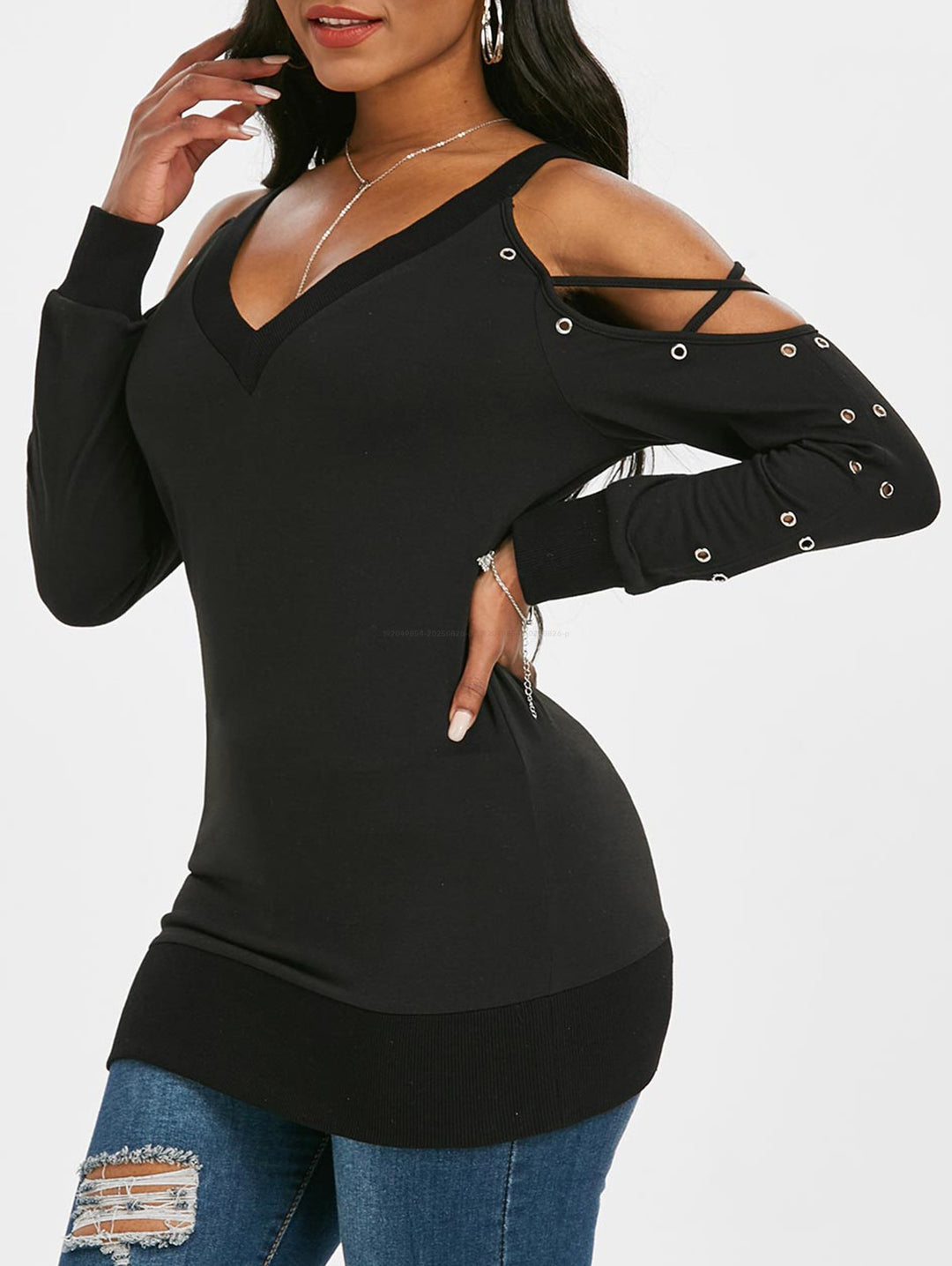Gothic Crisscross Open Shoulder Eyelet T Shirt