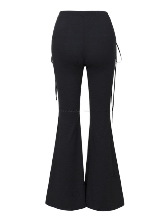 Solid Color Lace Up Flare Pants Hollow Out Elastic Waist Long Pants