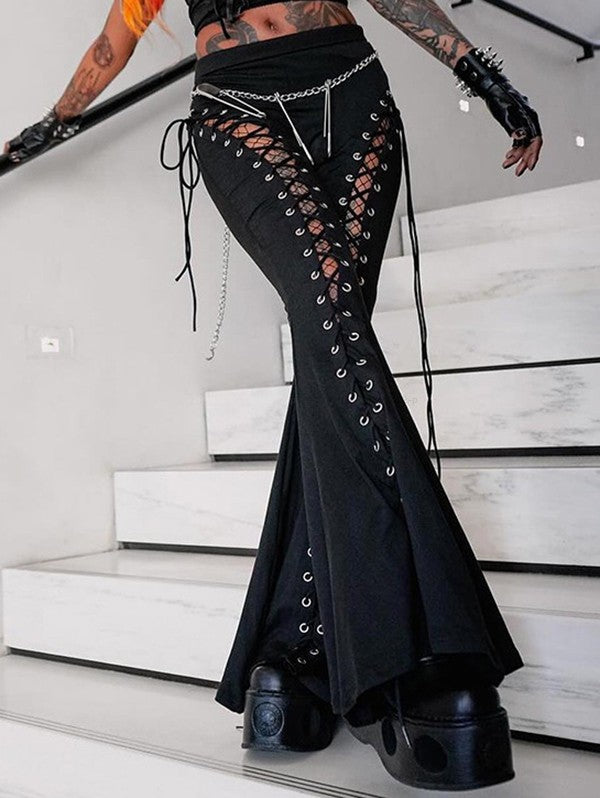Solid Color Lace Up Flare Pants Hollow Out Elastic Waist Long Pants