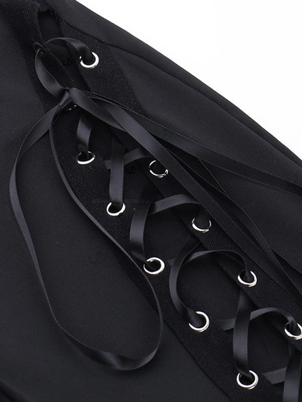Solid Color Lace Up Flare Pants Hollow Out Elastic Waist Long Pants