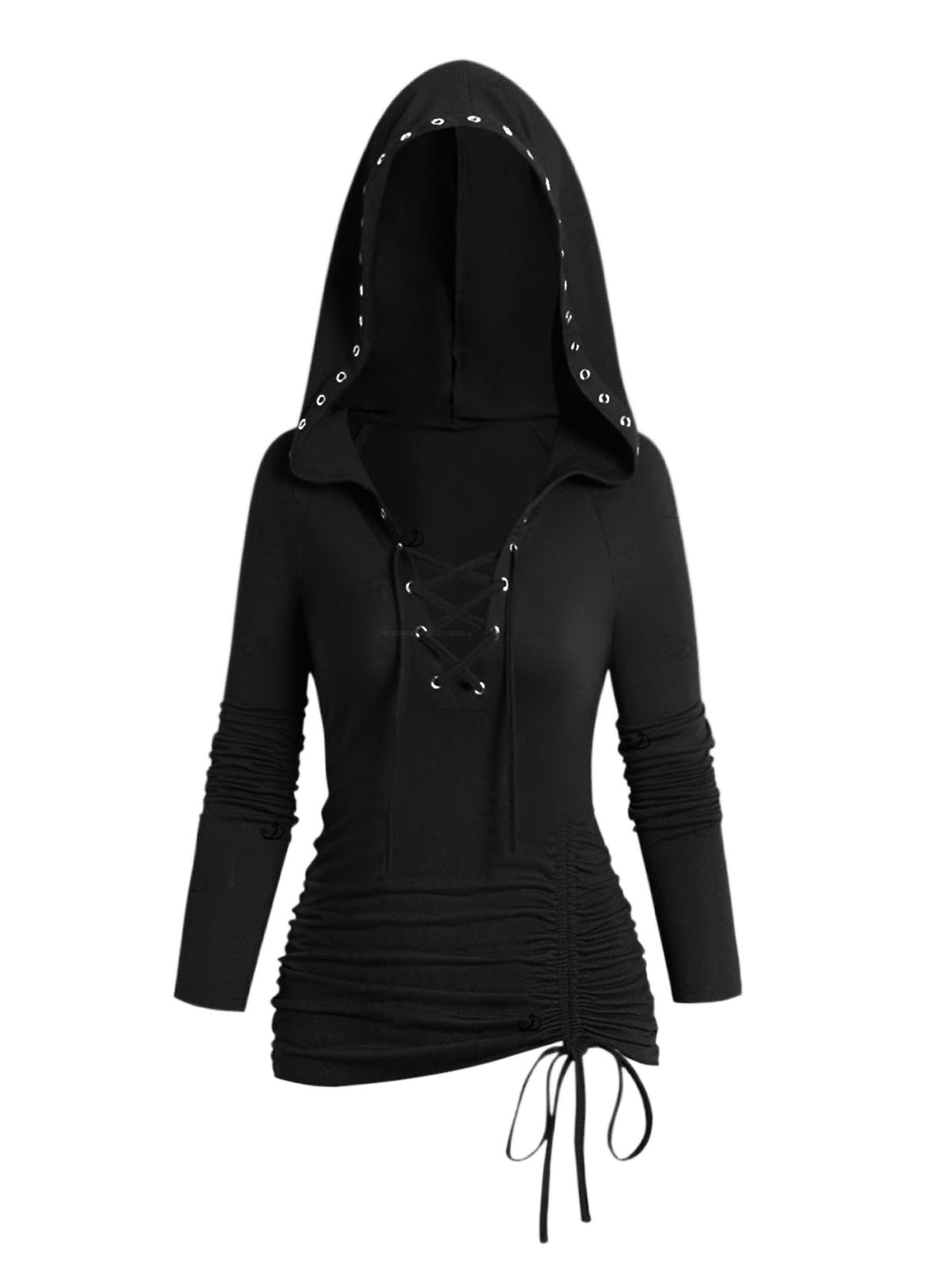 Gothic Lace Up Hoodie Grommet Cinched Long Sleeve Top