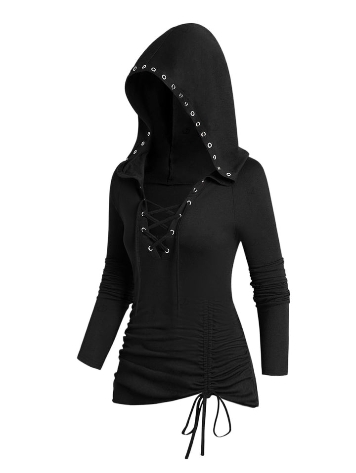 Gothic Lace Up Hoodie Grommet Cinched Long Sleeve Top