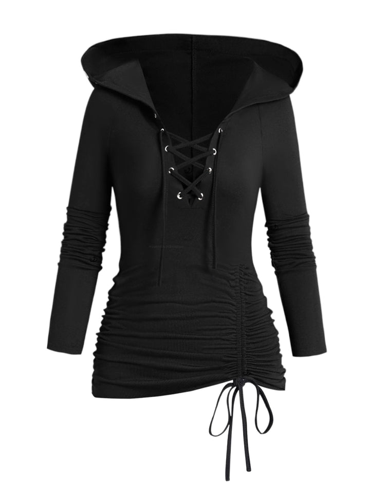 Gothic Lace Up Hoodie Grommet Cinched Long Sleeve Top