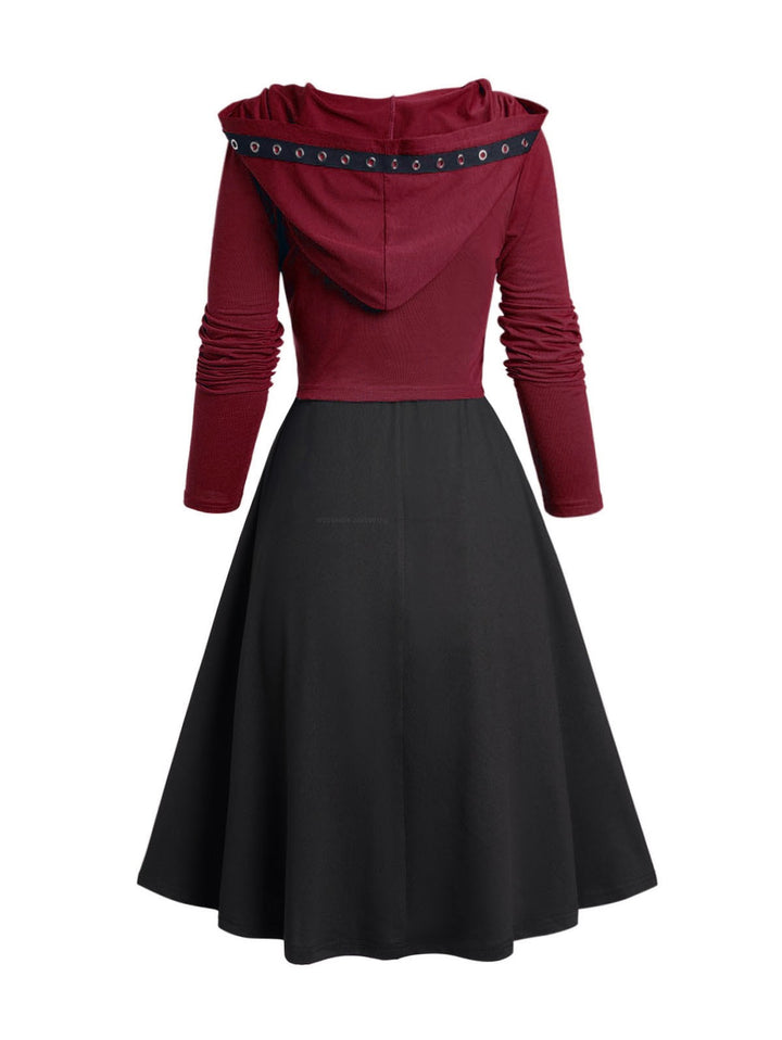 Red Grommet Tie Hooded Top & Black Sleeveless A Line Cami Dress Set