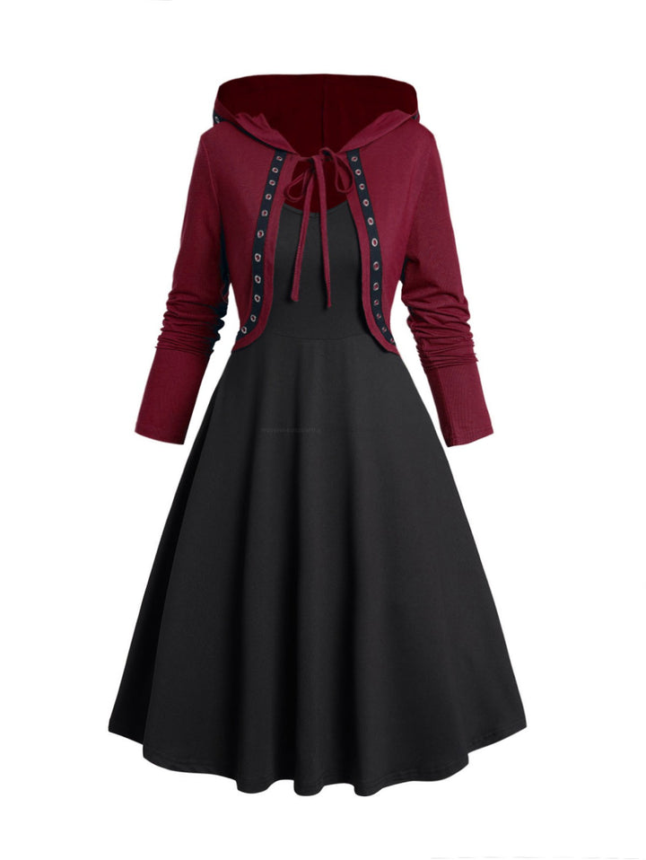 Red Grommet Tie Hooded Top & Black Sleeveless A Line Cami Dress Set