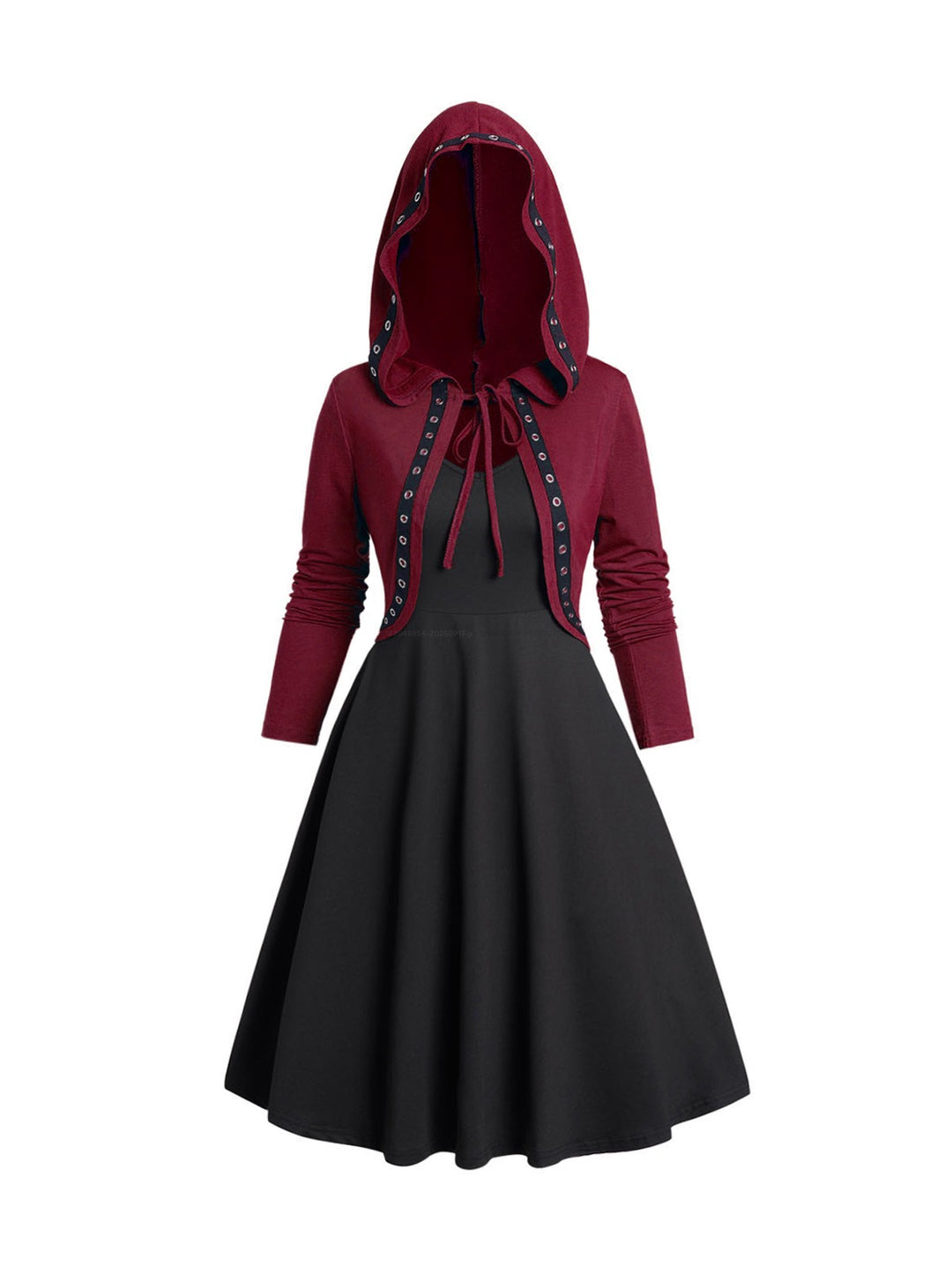 Red Grommet Tie Hooded Top & Black Sleeveless A Line Cami Dress Set