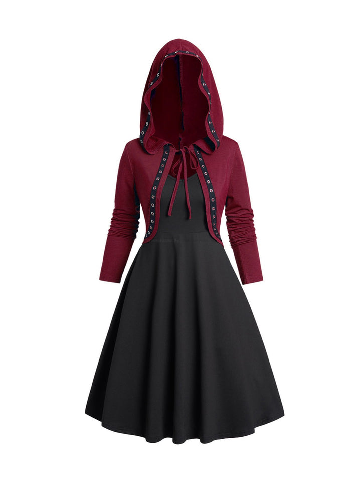Red Grommet Tie Hooded Top & Black Sleeveless A Line Cami Dress Set