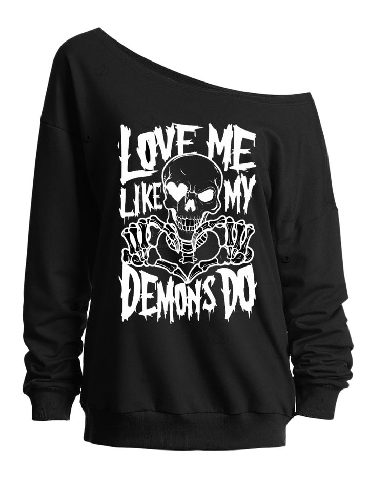 Halloween Gothic Sweatshirt Skull Letter Print Skew Neck Sweatshirt-Black