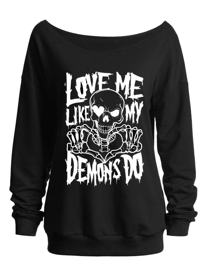 Halloween Gothic Sweatshirt Skull Letter Print Skew Neck Sweatshirt-Black
