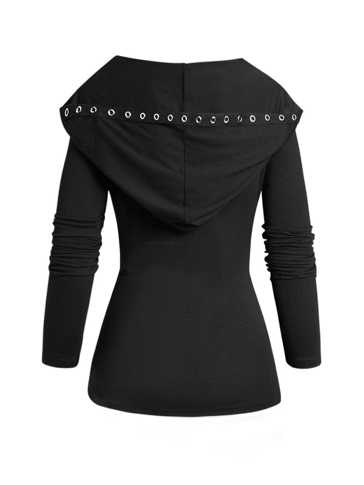 Gothic Lace Up Hoodie Grommet Cinched Long Sleeve Top