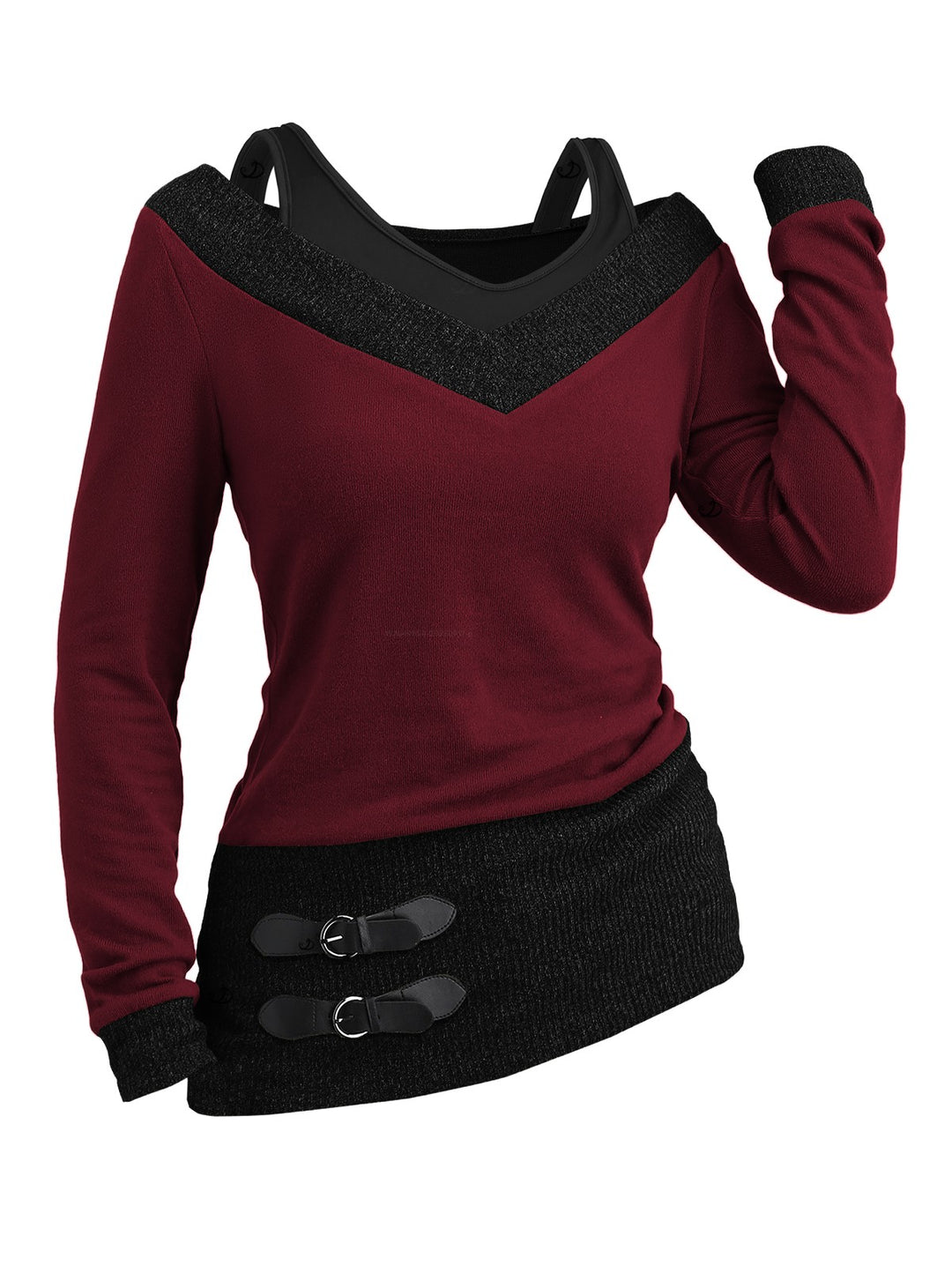 Heather Textured Long Sleeve 2 In 1 Faux Twinset Top