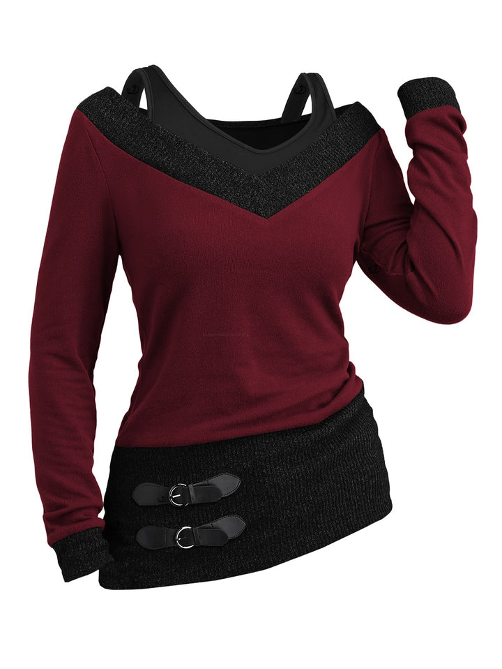 Heather Textured Long Sleeve 2 In 1 Faux Twinset Top