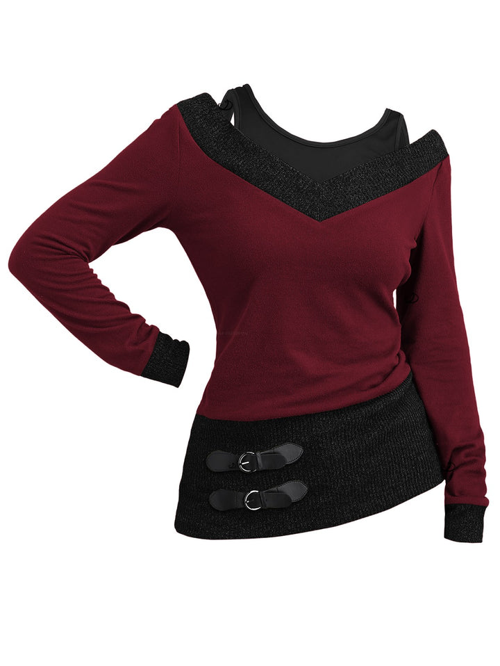 Heather Textured Long Sleeve 2 In 1 Faux Twinset Top