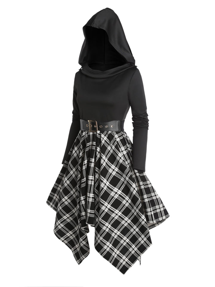 Plaid Panel Asymmetric Cowl Neck Long Sleeve Hooded Dress