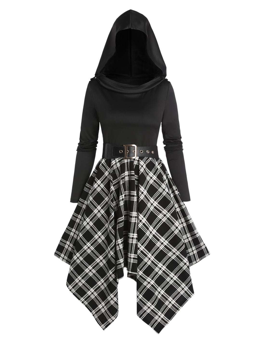 Plaid Panel Asymmetric Cowl Neck Long Sleeve Hooded Dress