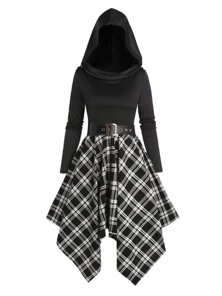 Plaid Panel Asymmetric Cowl Neck Long Sleeve Hooded Dress