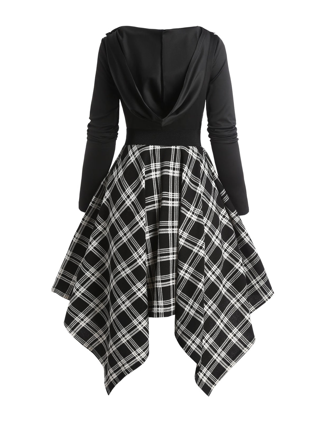 Plaid Panel Asymmetric Cowl Neck Long Sleeve Hooded Dress