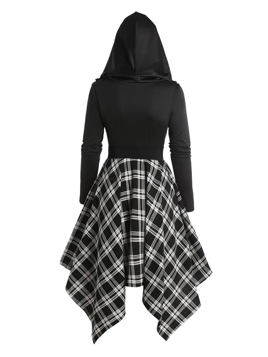 Plaid Panel Asymmetric Cowl Neck Long Sleeve Hooded Dress
