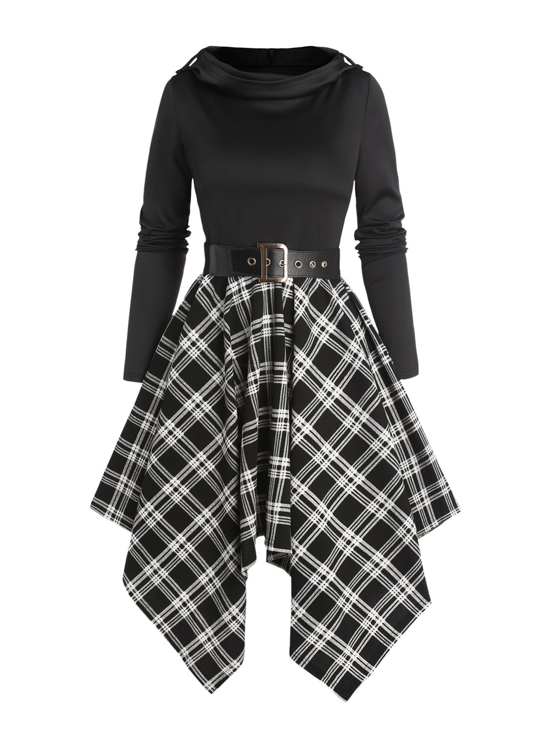 Plaid Panel Asymmetric Cowl Neck Long Sleeve Hooded Dress