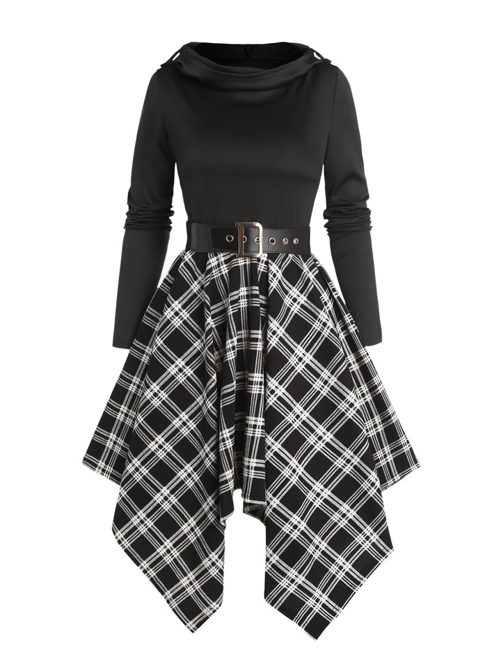 Plaid Panel Asymmetric Cowl Neck Long Sleeve Hooded Dress