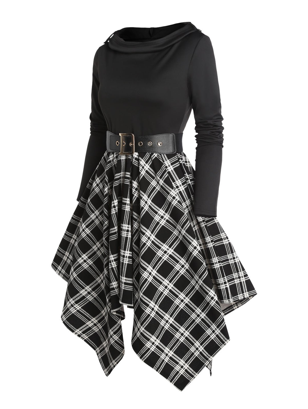 Plaid Panel Asymmetric Cowl Neck Long Sleeve Hooded Dress