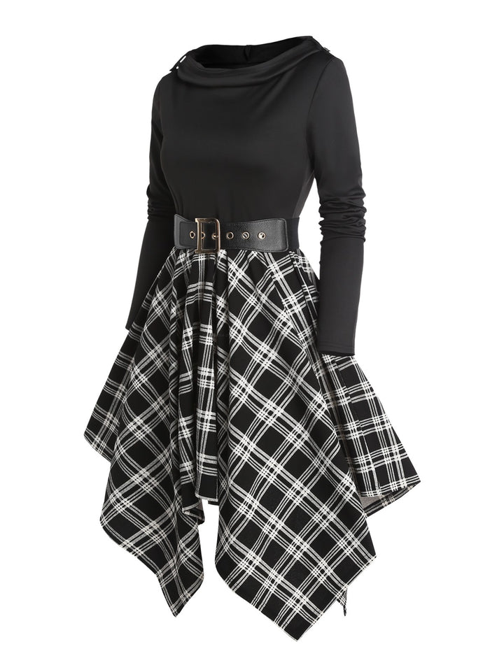 Plaid Panel Asymmetric Cowl Neck Long Sleeve Hooded Dress