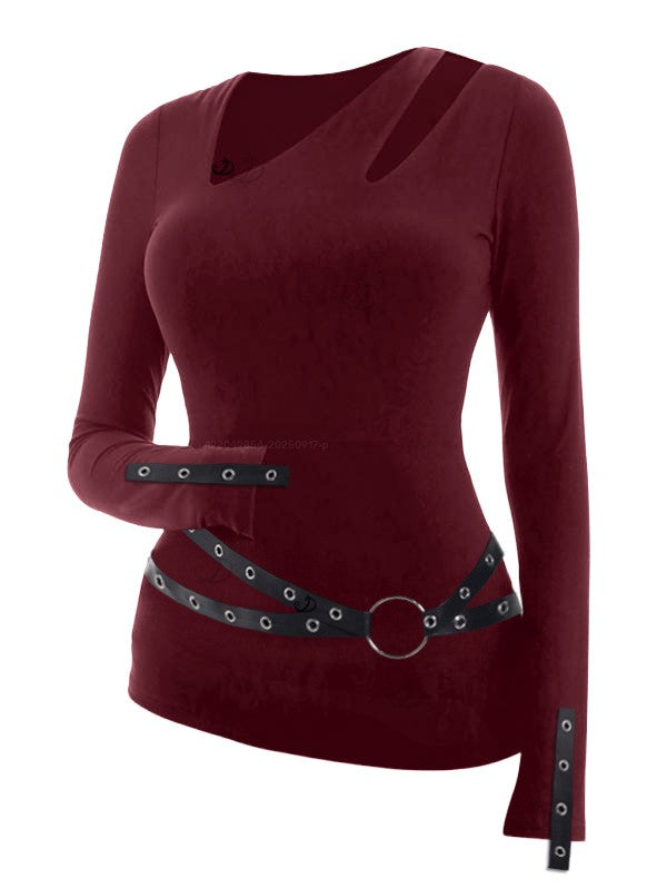 Gothic Top Grommet O-ring Cut Out Long Sleeve Top- Red
