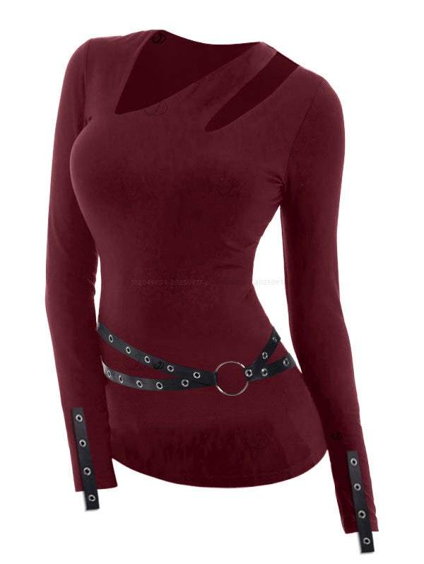 Gothic Top Grommet O-ring Cut Out Long Sleeve Top- Red