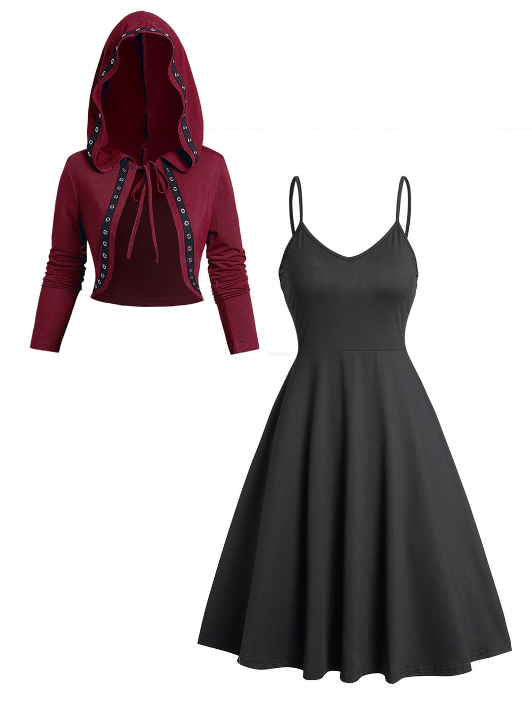 Red Grommet Tie Hooded Top & Black Sleeveless A Line Cami Dress Set