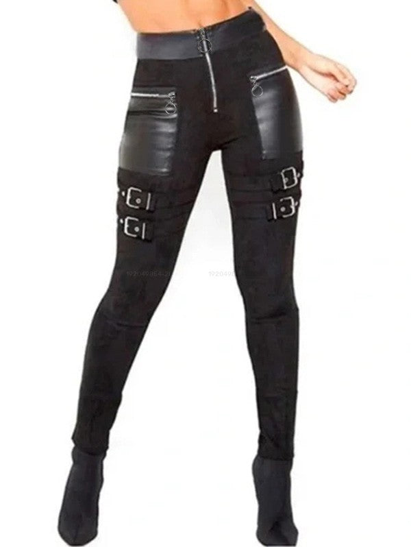 Gothic Solid Color O Ring Zipper Buckle Strap Skinny Leggings