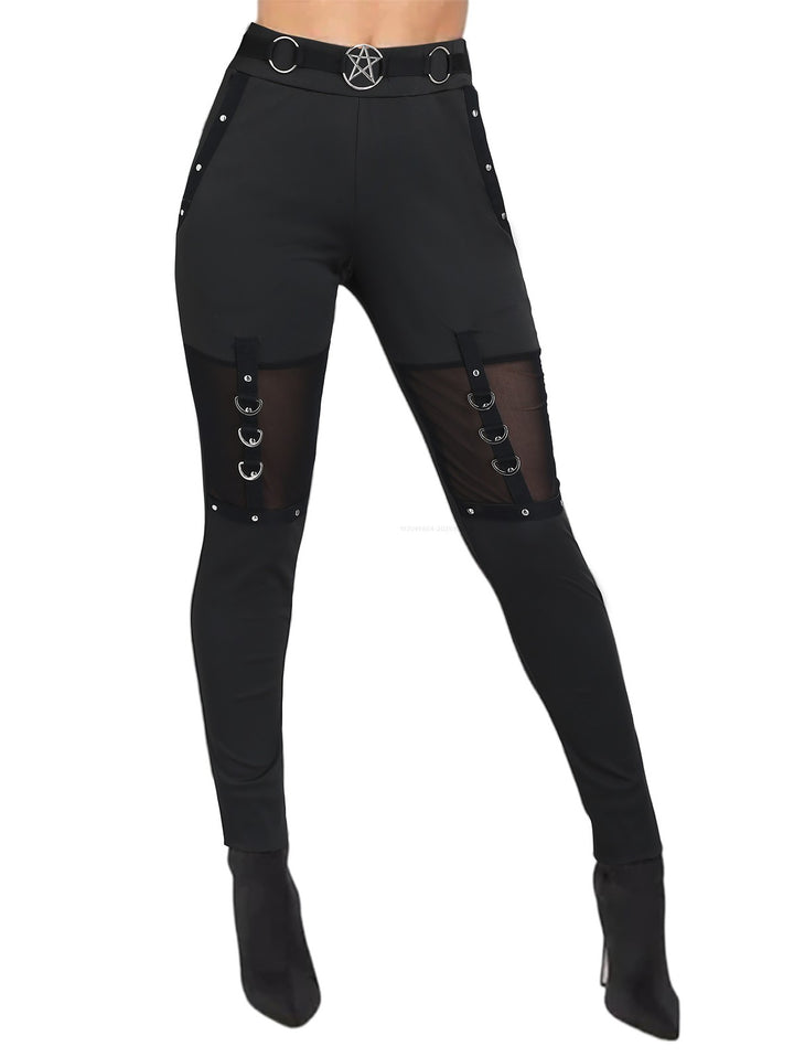 Gothic Solid Color Rivet See Thru O Ring Skinny Leggings