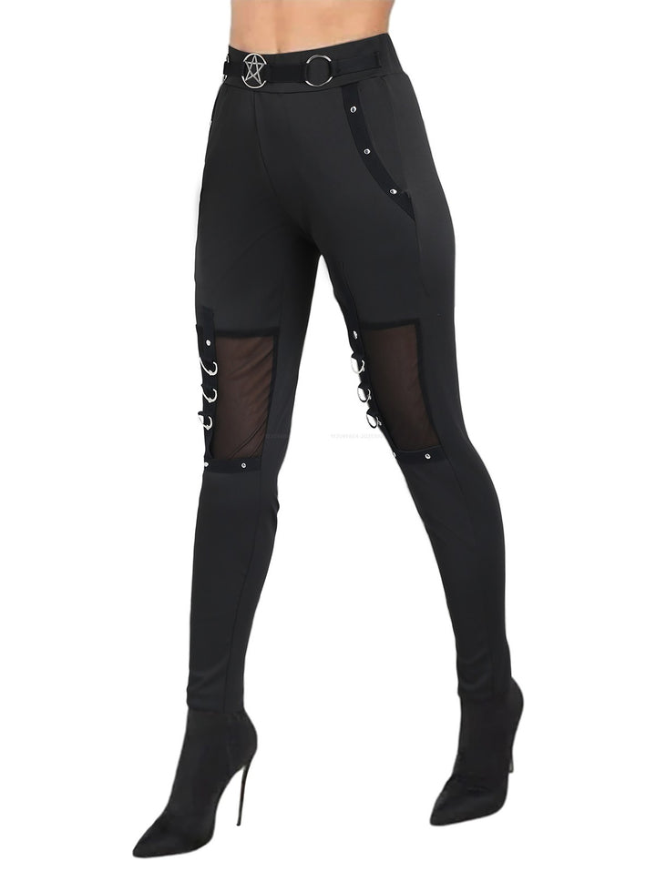 Gothic Solid Color Rivet See Thru O Ring Skinny Leggings