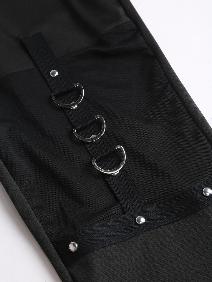 Gothic Solid Color Rivet See Thru O Ring Skinny Leggings