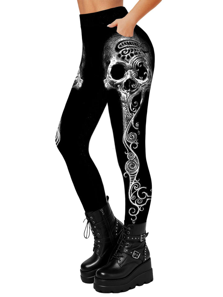 Gothic Flank Skulls Print Elastic High Waist Skinny Leggings