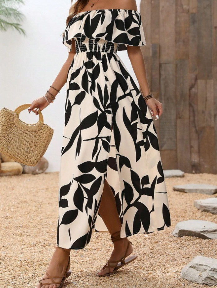 Ditsy Floral Patten Off the Shoulder Slit Vacation Dress