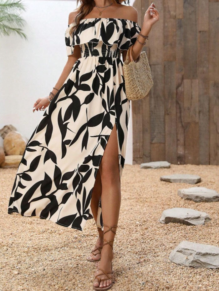 Ditsy Floral Patten Off the Shoulder Slit Vacation Dress
