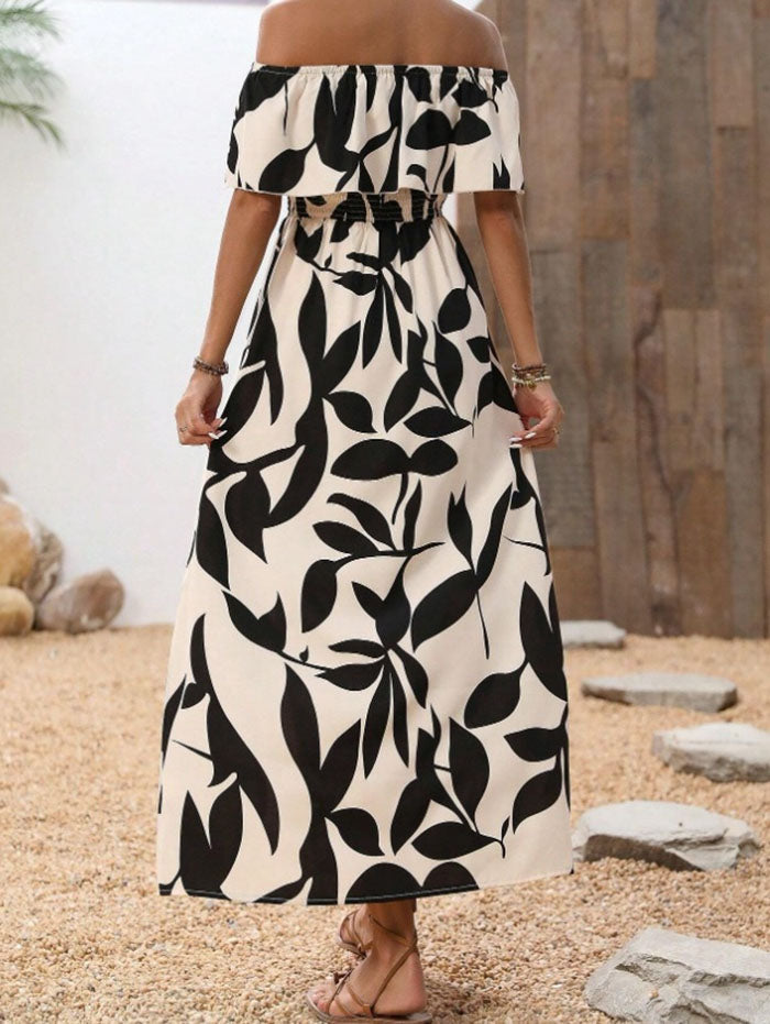 Ditsy Floral Patten Off the Shoulder Slit Vacation Dress