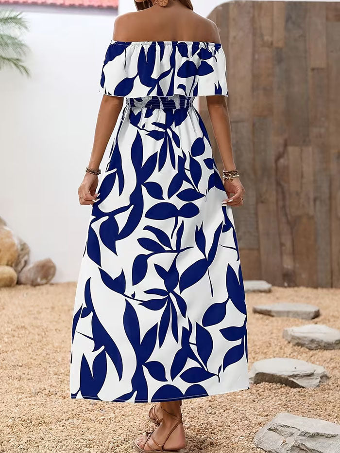 Ditsy Floral Patten Off the Shoulder Slit Vacation Dress