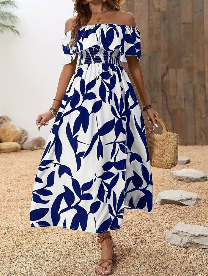Ditsy Floral Patten Off the Shoulder Slit Vacation Dress