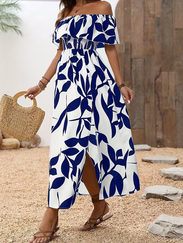 Ditsy Floral Patten Off the Shoulder Slit Vacation Dress