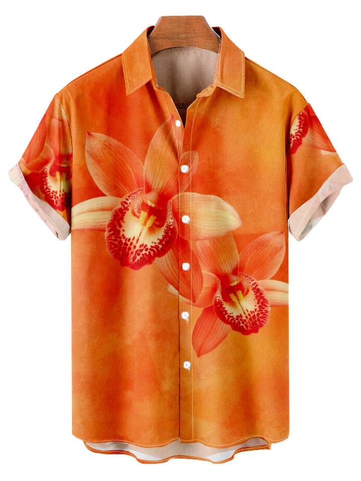 Men's Tropical Orchid Floral Print Button Up Vacation Shirt