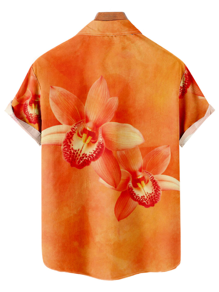 Men's Tropical Orchid Floral Print Button Up Vacation Shirt