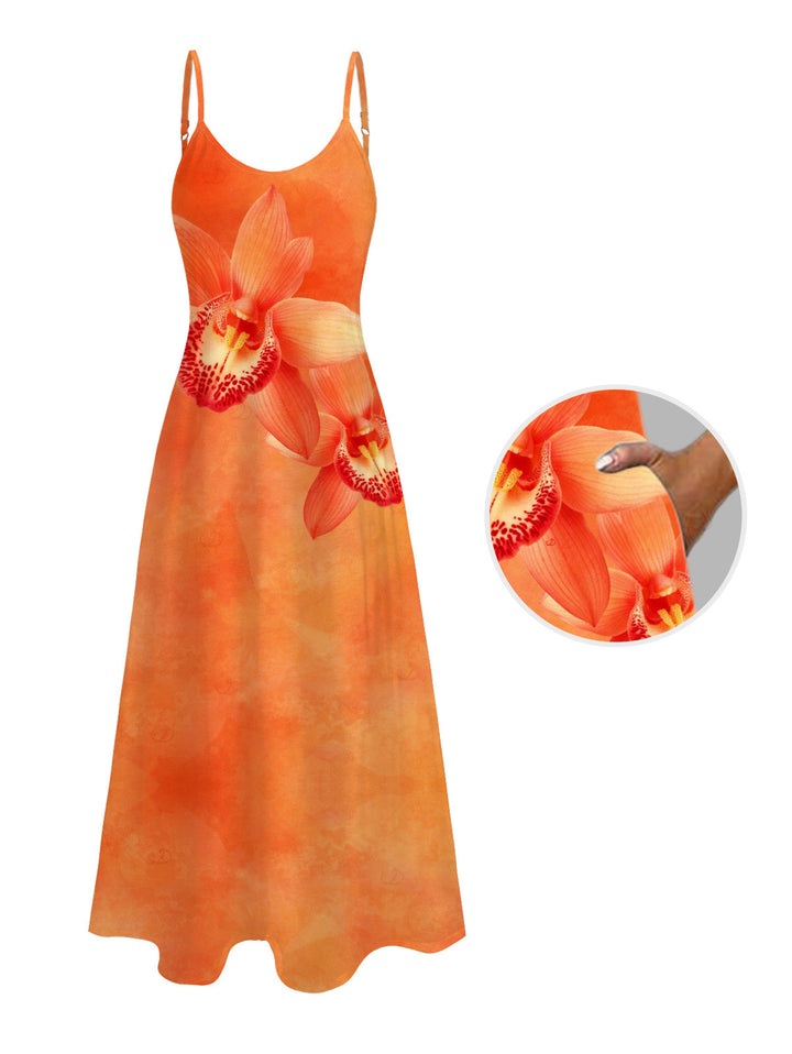 Tropical Orchid Floral Print Pocket Long Vacation Dress