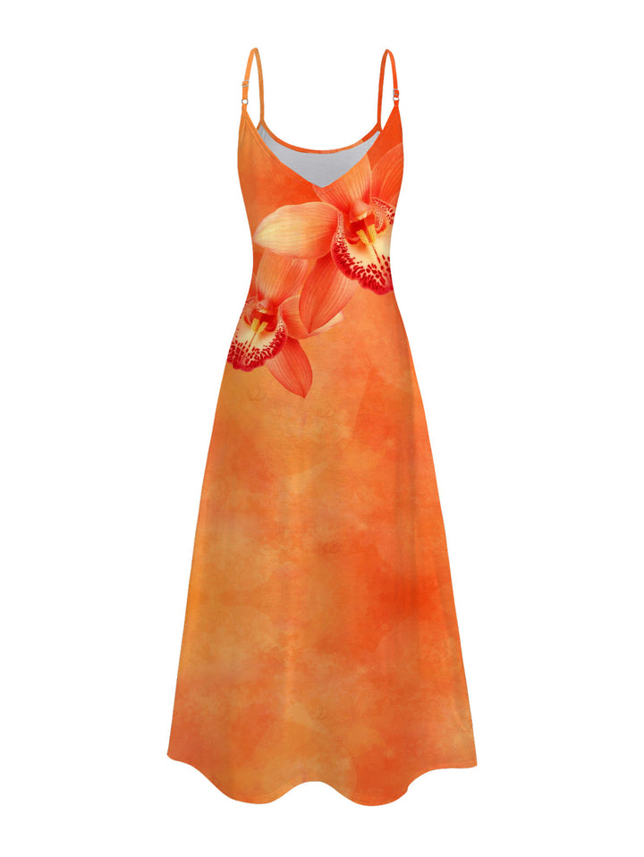 Tropical Orchid Floral Print Pocket Long Vacation Dress