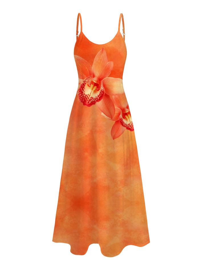 Tropical Orchid Floral Print Pocket Long Vacation Dress