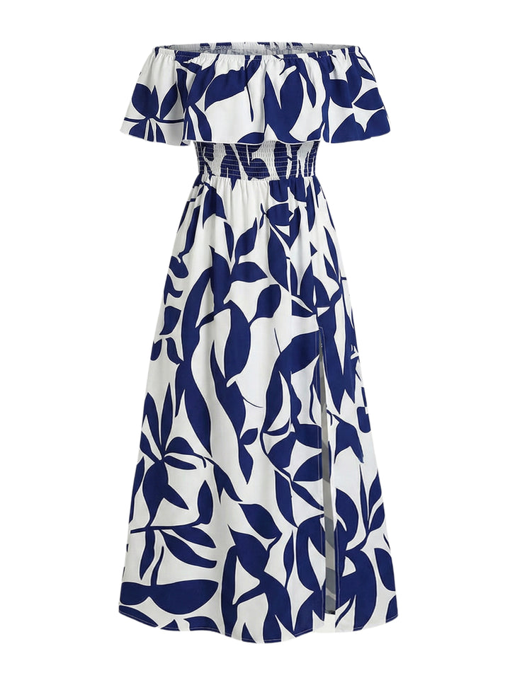Ditsy Floral Patten Off the Shoulder Slit Vacation Dress