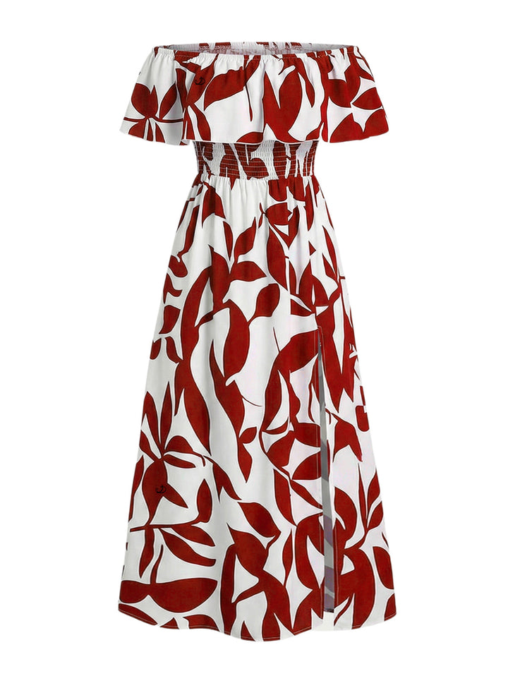 Ditsy Floral Patten Off the Shoulder Slit Vacation Dress